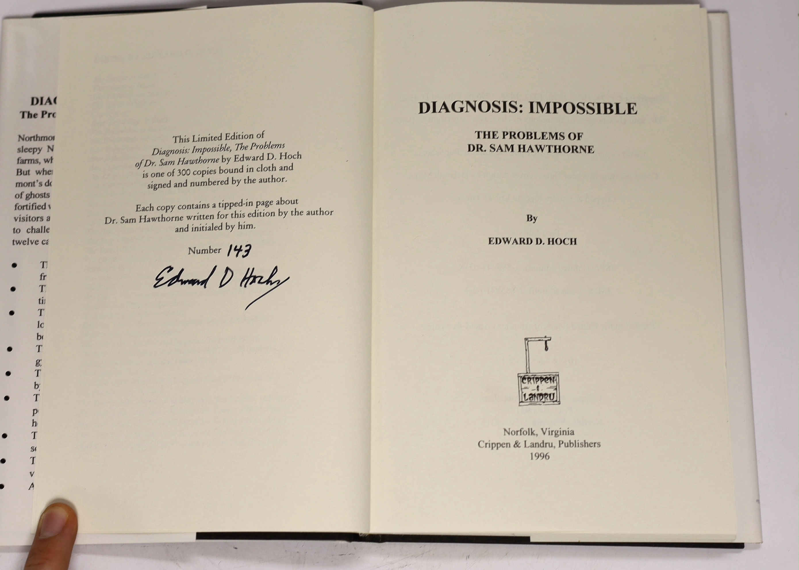 Hoch, Edward D. - Diagnosis: Impossible The problems of Dr. Sam Hawthorne. Limited Edition (of 300 numbered copies, signed by the author). publisher's cloth and d/wrapper. Norfolk (Va): Crippen & Landru, 1996